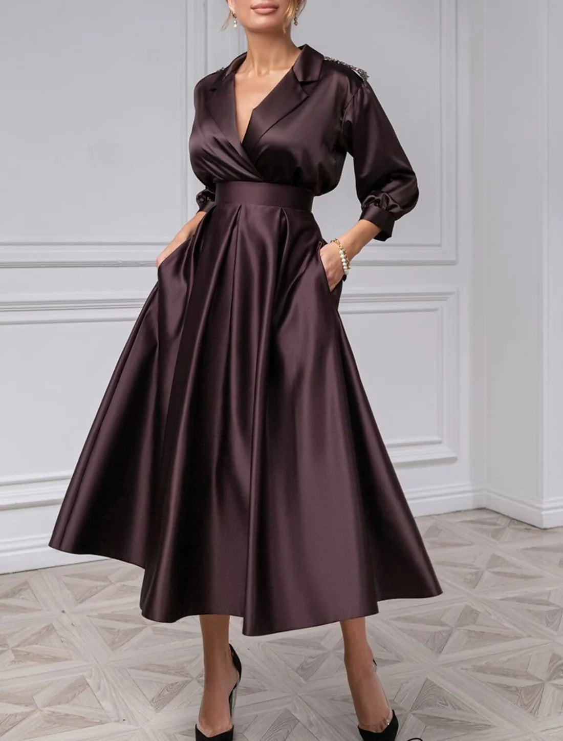 Luolandi A-Line Cocktail Dresses Elegant Dress Wedding Guest Evening Party Tea Length 3/4 Length Sleeve Shirt Collar Satin with Pleat Solid Color